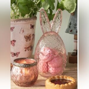 NEW PINK Easter Glass Egg Shape Bunny Ears Candy Jar VIRAL